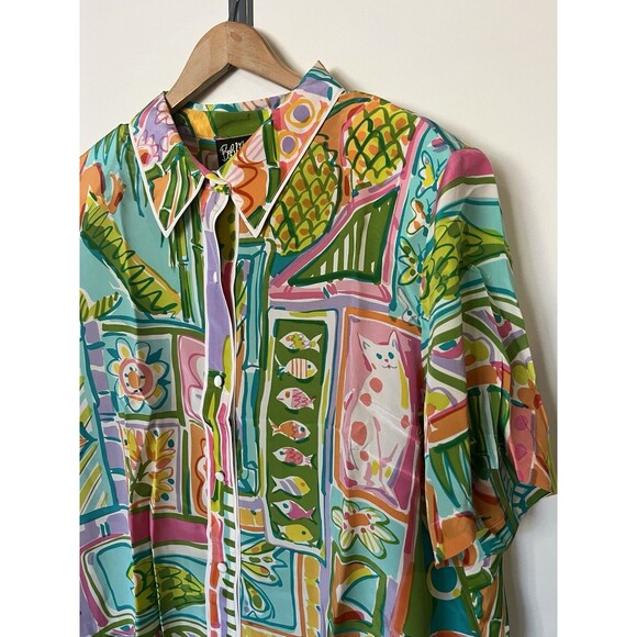 NWT Bob Mackie Multicolored 100% Silk Short Sleeve Button Down Blouse Size 2X - Picture 2 of 9